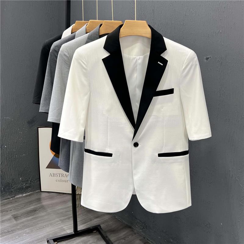 香港夏季薄款时尚拼接小西装韩版痞帅短袖小西服男士休闲半袖上衣