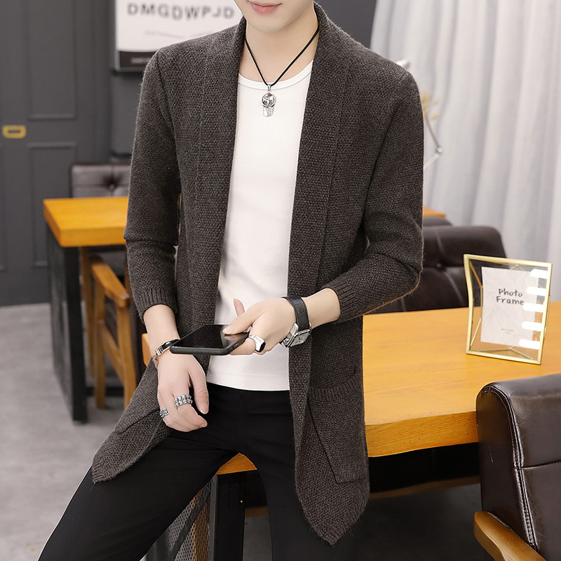 香港针织衫男士卫生衣外套中长版风衣春秋季韩版纯色开衫毛衣披肩