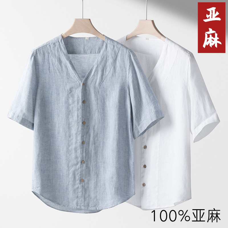 香港夏季薄款纯亚麻男士无领短袖衬衫休闲半袖中式短袖衬衫宽松男