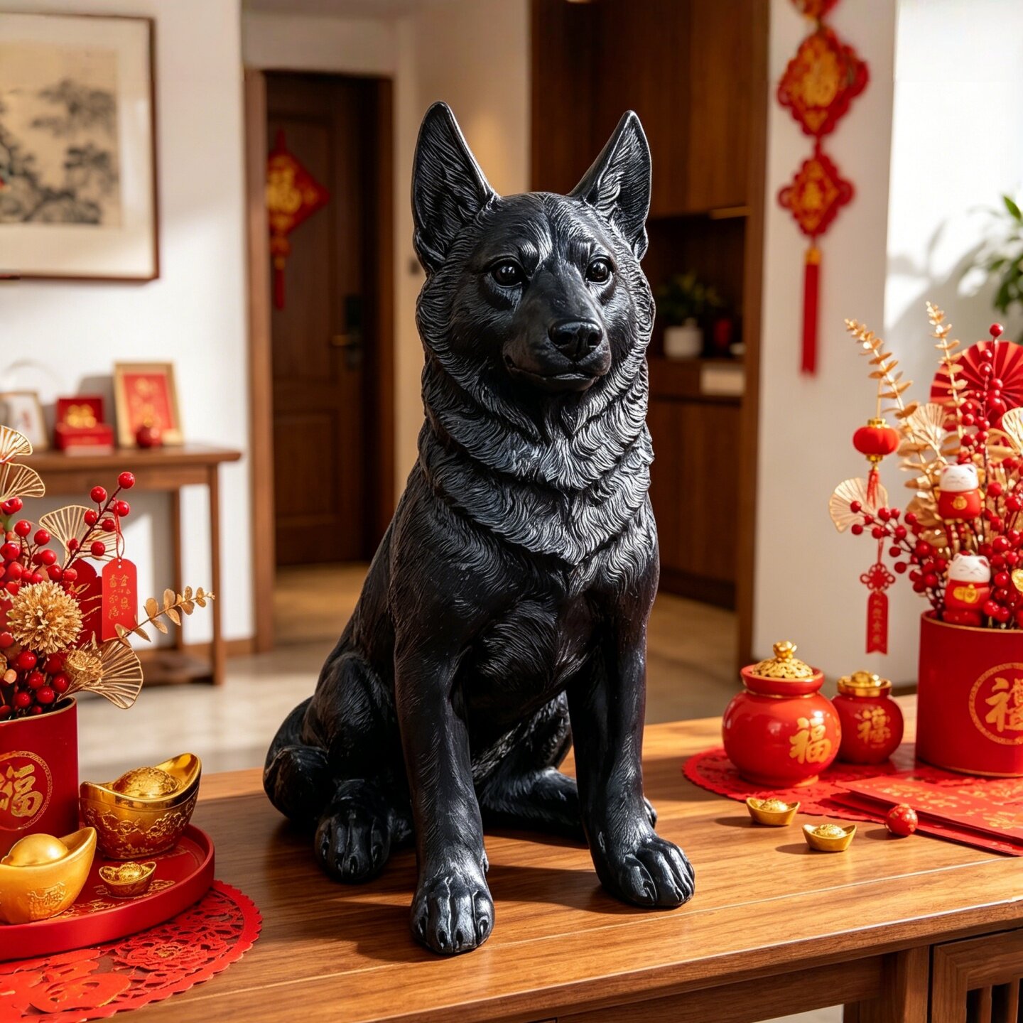 可爱家居看门狗树脂黑狗大号仿真狗摆件五黑犬模型客厅落地装饰品