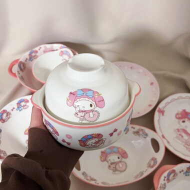 可爱卡通美乐蒂粉色泡面碗带盖防烫学生宿舍双耳大容量螺狮粉碗