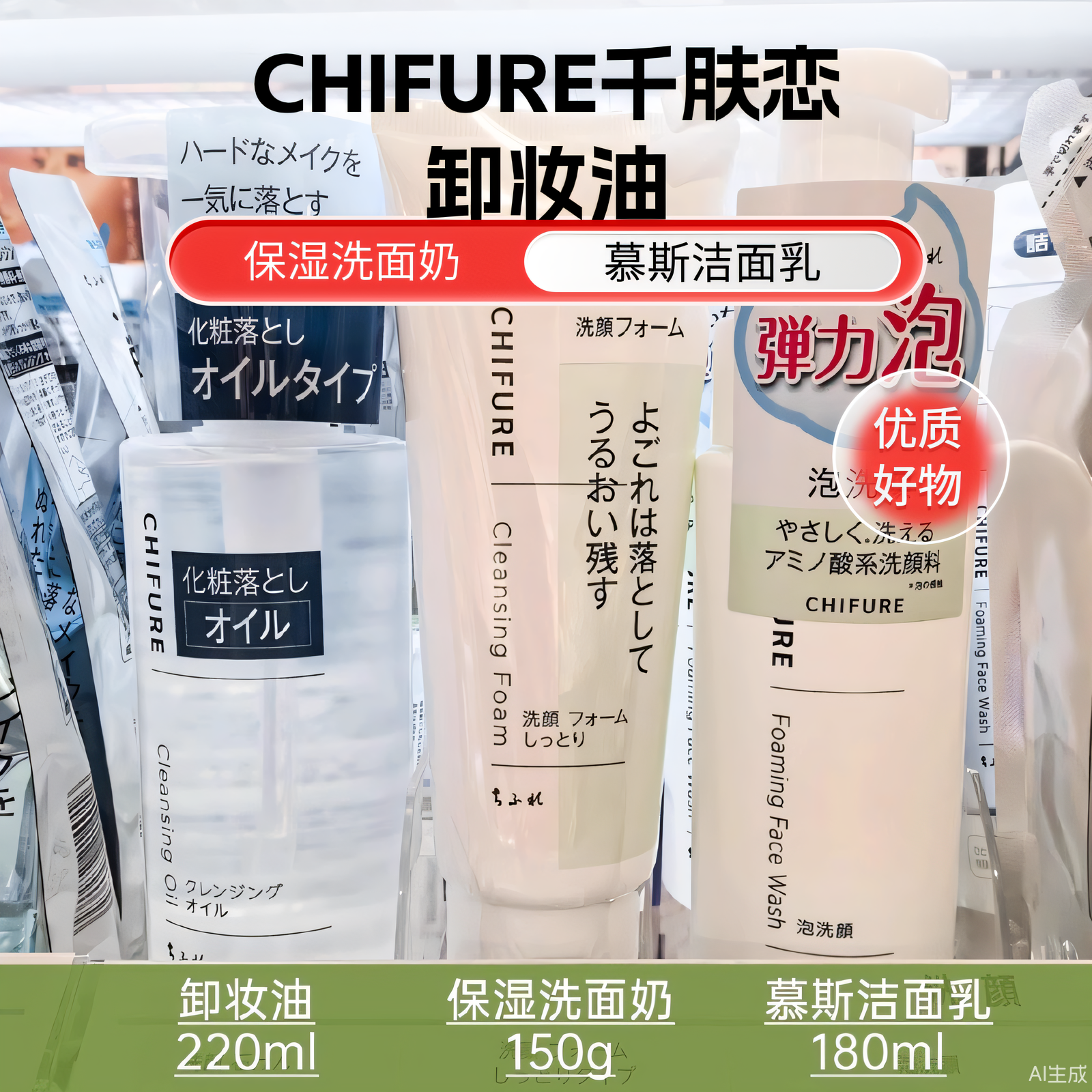 日本CHIFURE千肤恋卸妆油220ml/慕斯洁面乳180ml/保湿洗面奶150g