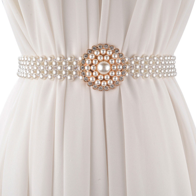 韩版甜美珍珠女士宽腰带 时尚花朵配裙子百搭装饰弹性宽款女腰链
