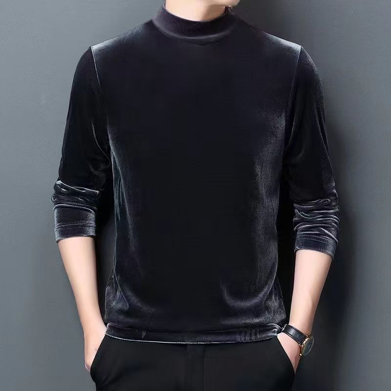 金丝绒半高领长袖T恤卫衣男士春秋季干活穿的耐磨耐脏保暖打底衫