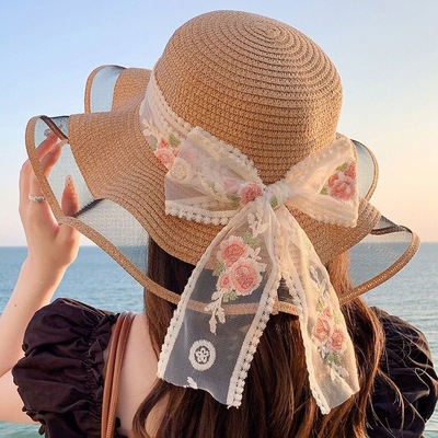 新款花朵飘带遮阳帽女海边度假甜美蕾丝太阳帽夏季大帽檐草帽