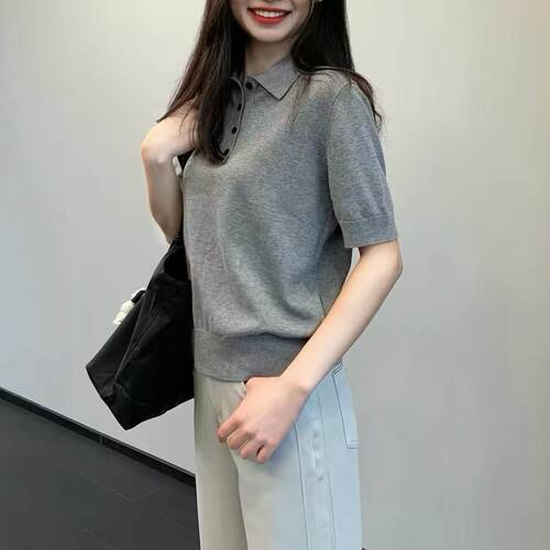 简约风 棉舒适亲肤通勤休闲POLO领短袖针织衫女简约上衣6603#