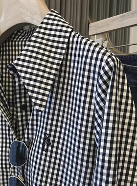 一眼就看上！版型绝绝子~复古港味时尚显瘦精致刺绣黑白格子衬衫