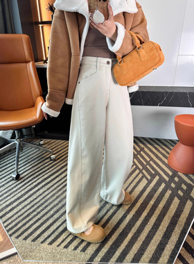 显瘦天花板~立体斜裁阔腿牛仔裤女秋冬加绒雪尼尔宽松长裤G102721