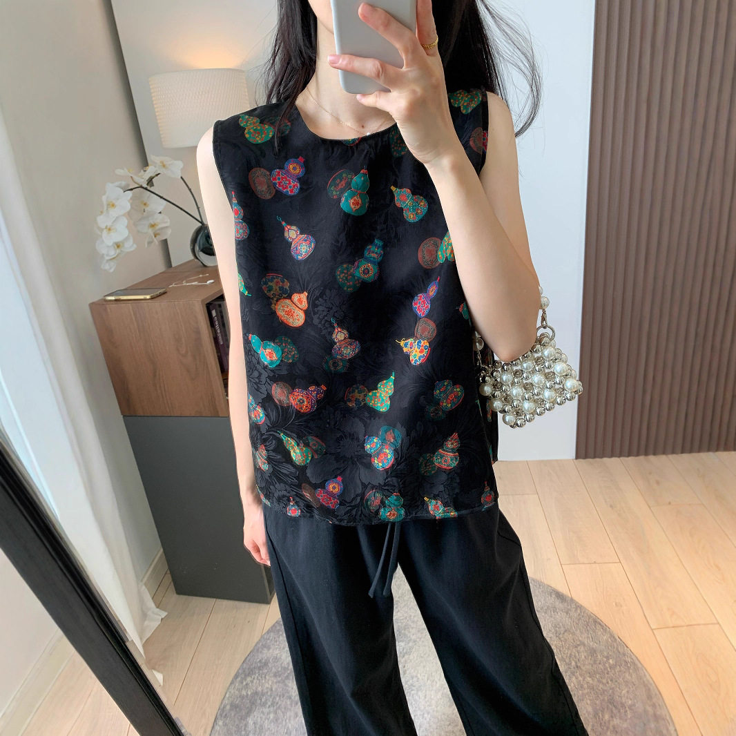 新中式老钱风~25姆米真丝花萝红云纱双面穿马甲/斜襟旗袍小衫上衣
