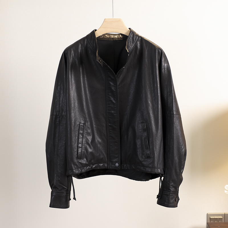短款抽绳高端真皮夹克复古宽松