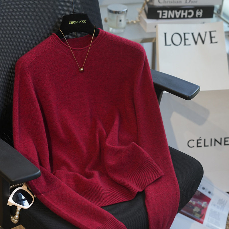 牦牛绒羊毛卷边圆领长袖纯色针织衫休闲毛衣上衣秋冬新款