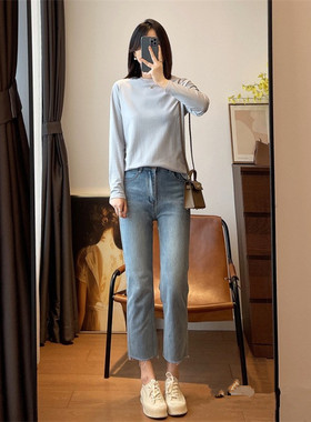 超显腿直！2025春季新款高腰弹力显瘦休闲直筒毛边牛仔裤法棍裤女