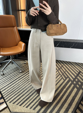 超修腿型！~加厚一体绒弯刀牛仔裤女秋冬新款显瘦高腰宽松阔腿裤