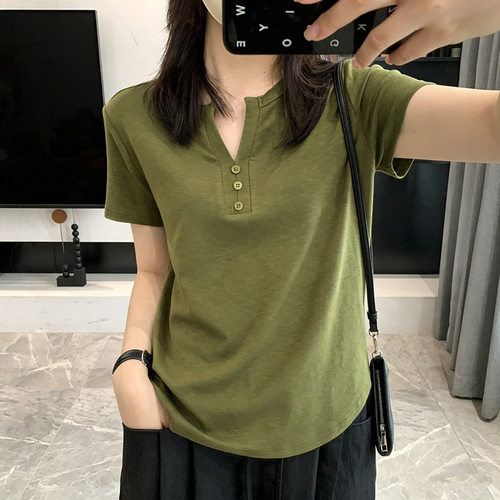 竹节弹力百搭显瘦小V领三粒扣子正肩T恤夏季薄款上衣女亨利衫上衣