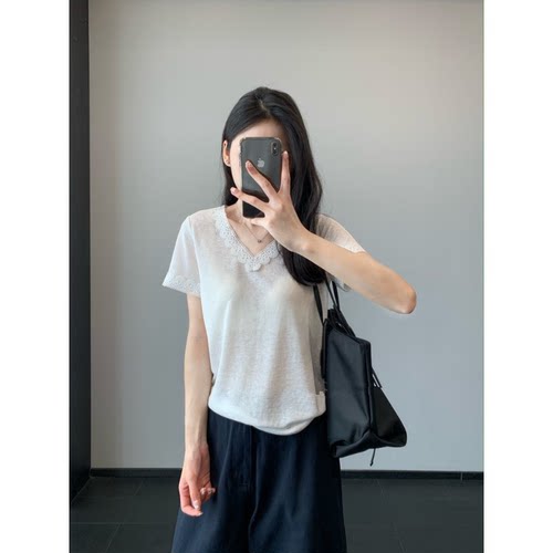 温柔氛围感~莱赛尔天丝纤维V领蕾丝花边短袖T恤舒适百搭上衣女夏