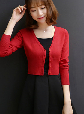 新款春秋针织衫超短款开衫女显瘦长袖配裙薄款外搭高腰小披肩外套