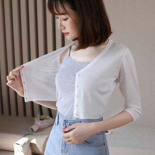 高腰超短款 夏季 女显瘦V领小外套防晒披肩配裙子 冰丝针织开衫 新款