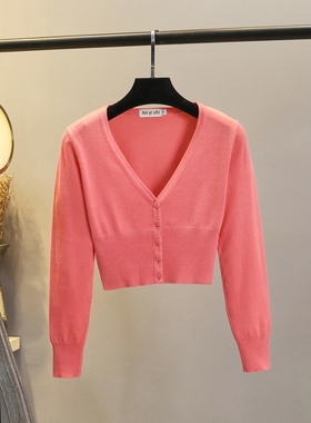 新款春秋针织衫开衫女小披肩长袖修身简约外搭高腰超短款毛衣外套