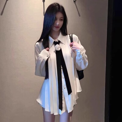 高级感白色缎面长袖衬衫女秋季设计感外穿荷叶边衬衣宽松洋气上衣