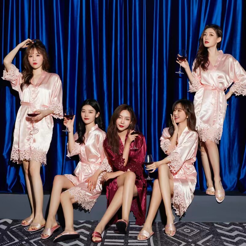 婚礼晨袍女新娘伴娘团丝绸闺蜜结婚睡衣蕾丝睡袍浴袍女长款伴手礼