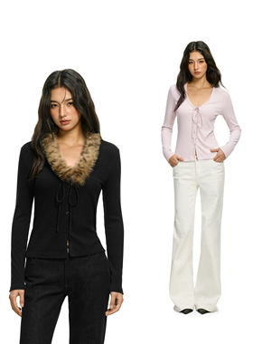 FDR官方店 可拆卸毛毛V领针织衫女春季辣妹修身显瘦长袖打底上衣