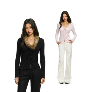 显瘦长袖 FDR官方店 辣妹修身 女春季 打底上衣 可拆卸毛毛V领针织衫