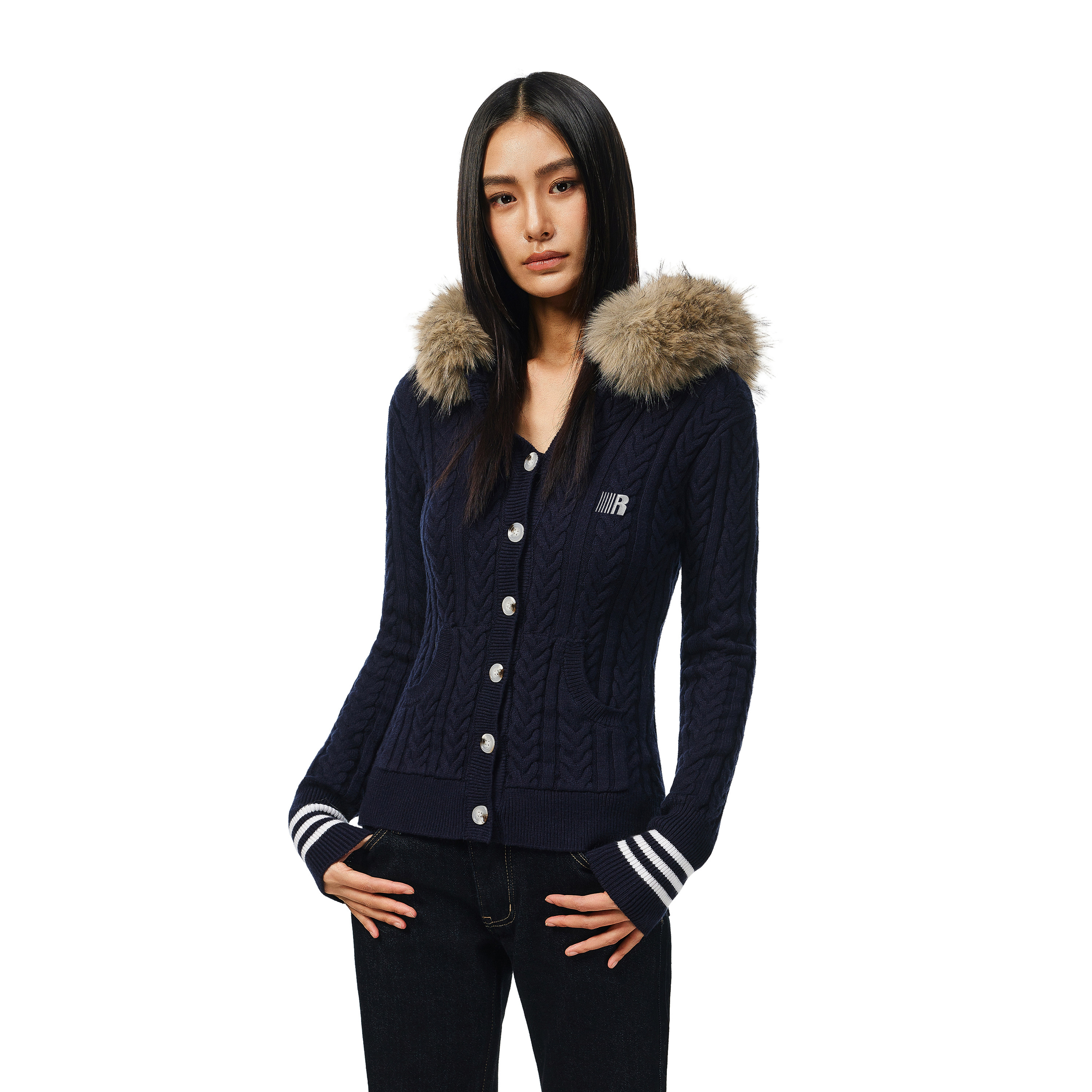 FDR官方店 麻花绞花纹毛衣修身纽扣毛领针织衫女2026春季连帽毛衫