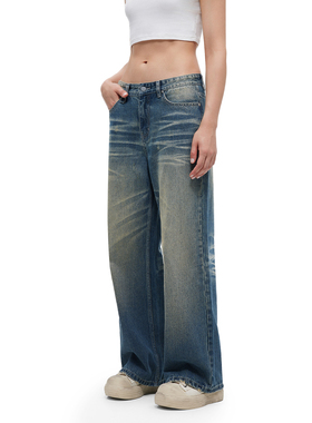 FDR官方店 水洗复古蓝色牛仔裤女夏季新款美式运动宽松直筒长裤子