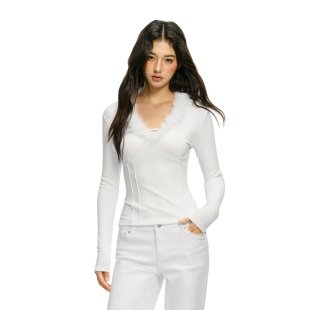 女春季 FDR官方店 针织衫 显瘦长袖 内搭打底上衣 毛毛领V领辣妹修身