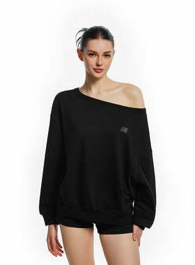 FDR官方店 R字蓄热保暖斜肩卫衣女春季美式辣妹一字肩长袖上衣