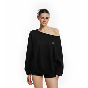 辣妹一字肩长袖 美式 上衣 R字蓄热保暖斜肩卫衣女秋季 FDR官方店