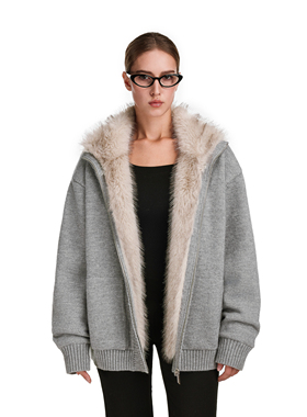 FDR秋冬加绒毛领高级感针织座山雕男灰色毛衣外套女2025新款加厚