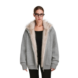 FDR秋冬加绒毛领高级感针织座山雕男灰色毛衣外套女2025新款加厚