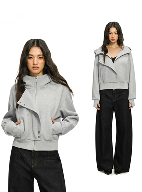 FDR官方店 半高领斜门襟短款连帽卫衣外套女春季宽松拉链开衫上衣