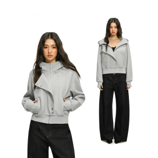 宽松拉链开衫 连帽卫衣外套女春季 上衣 半高领斜门襟短款 FDR官方店