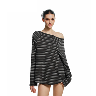 美式 t恤女秋季 辣妹显瘦漏肩斜肩上衣 条纹一字肩长袖 FDR官方店