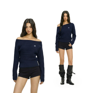 露肩上衣 辣妹毛衣女26年春季 FDR官方店 羊毛斜肩麻花针织长袖