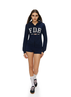 FDR官方店 美式复古logo印花拉链卫衣女春秋修身显瘦上衣开衫外套