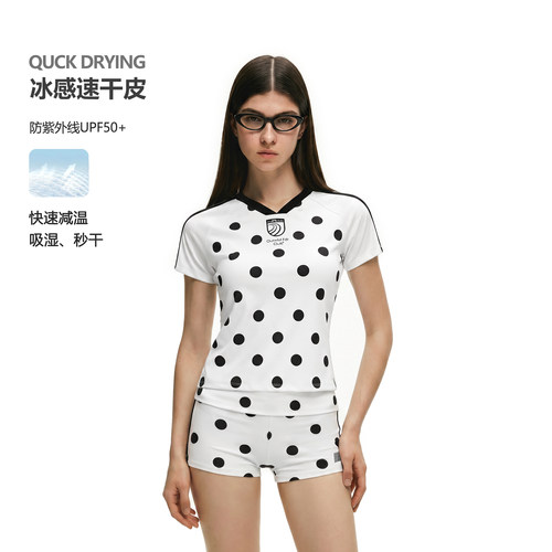 FDR官方店 美式甜心波点辣妹插肩修身球衣女2026夏季新款白色短袖