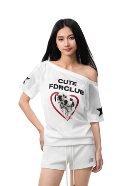 FDR官方店 爱心小狗辣妹斜肩短袖t恤女夏季露肩网眼拼接上衣球衣