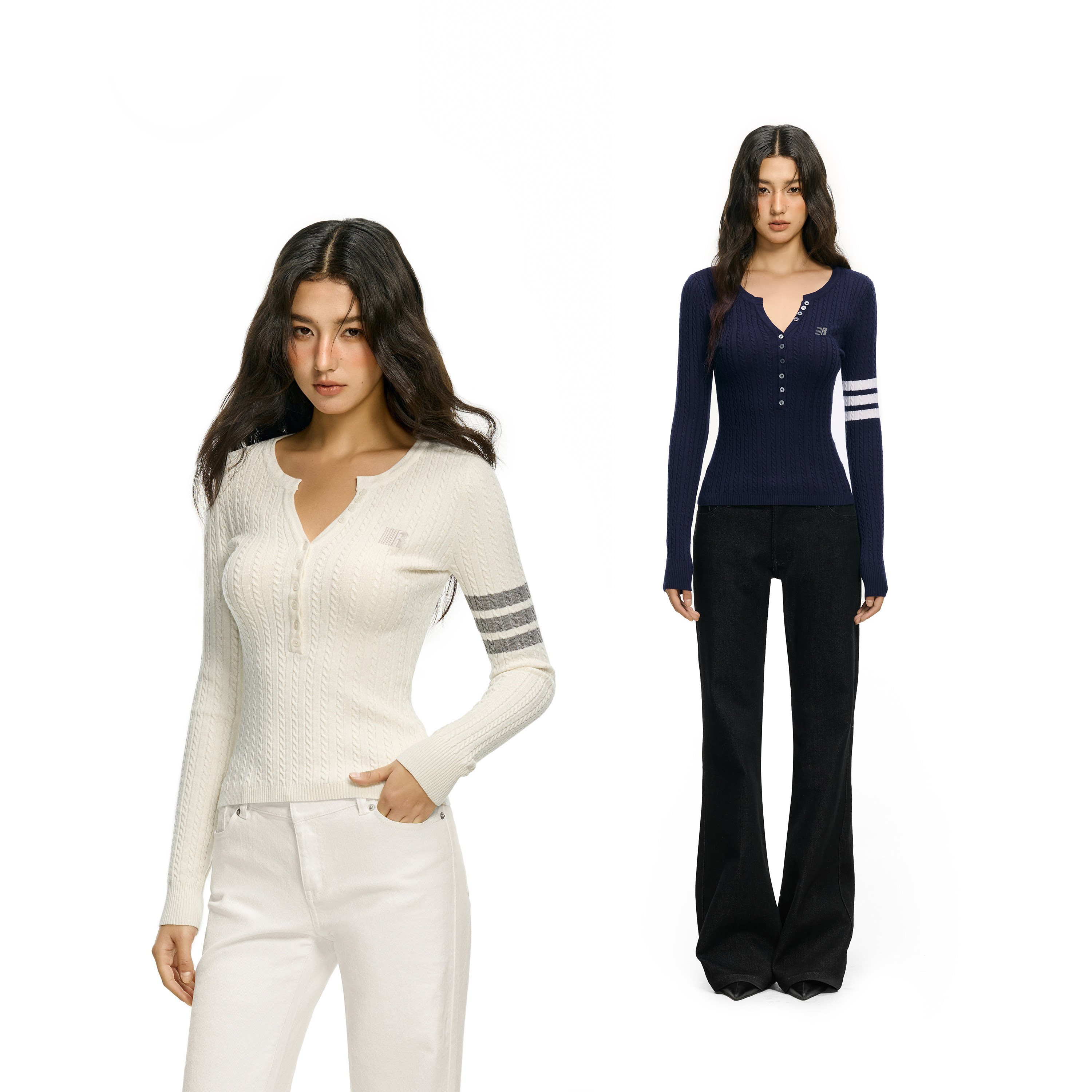 FDR官方店 v领长袖针织衫女春季百搭内搭打底修身麻花基础上衣