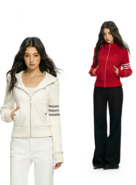 FDR官方店 超好看红色卫衣女款连帽今年新款针织袖修身开衫外套