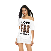 T恤女夏季 FDR官方店 豹纹字母斜肩短袖 辣妹露肩性感体恤上衣