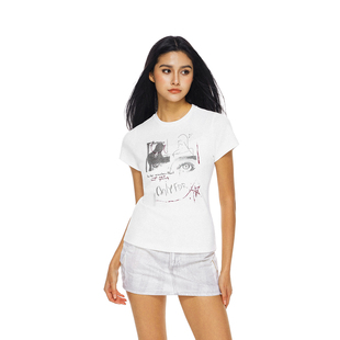 修身 t恤女夏季 显瘦上衣 抽象印花正肩辣妹短袖 FDR官方店