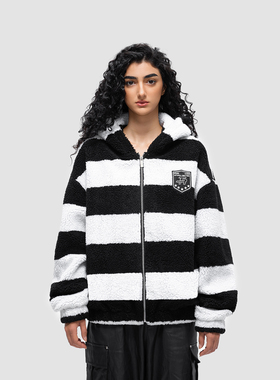 FDR 国潮美式条纹羊羔绒连帽外套男女秋冬季加厚潮牌情侣宽松