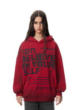 FDR官方店 斑驳字母做旧擦脏连帽卫衣男女春季重磅情侣宽松上衣