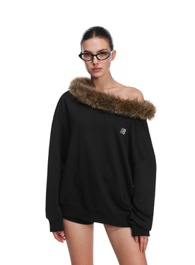 FDR官方店 斜肩毛毛领可拆卸复古辣妹卫衣女春季露肩长袖上衣