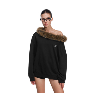 上衣 露肩长袖 FDR官方店 斜肩毛毛领可拆卸复古辣妹卫衣女秋季