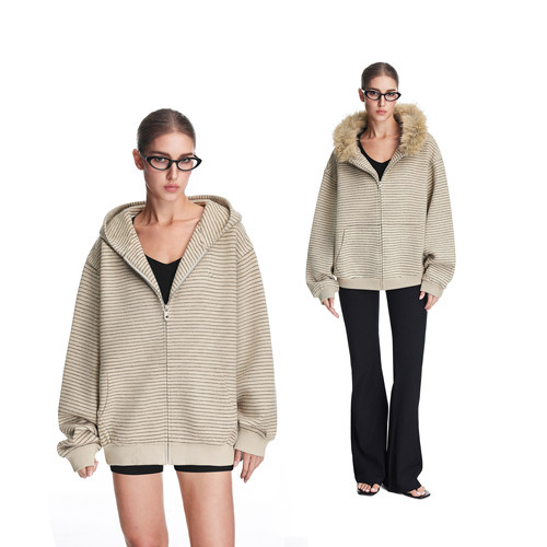 FDR官方店毛呢条纹连帽卫衣外套