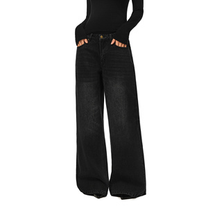 小个子百搭长裤 女2025新款 豹纹拼接洗水直筒阔腿牛仔裤 FDR官方店